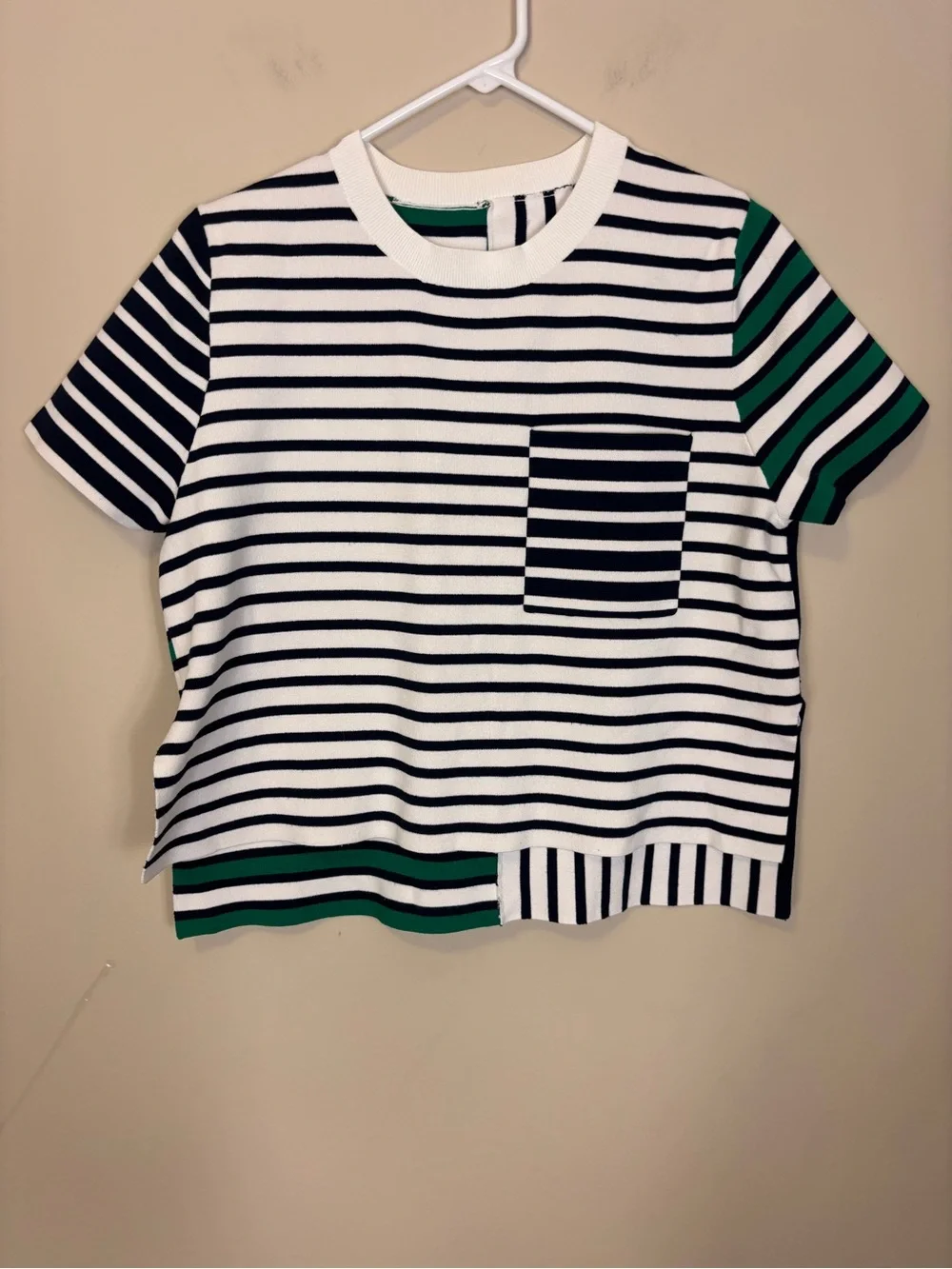 Tory Burch Sport White, Black & Green Striped Short-Sleeve Pocket Tee Medium